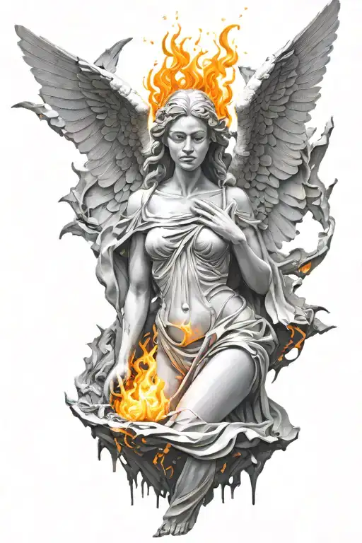 cracked statue of girl becomes angel of fire flames tattoo design idea