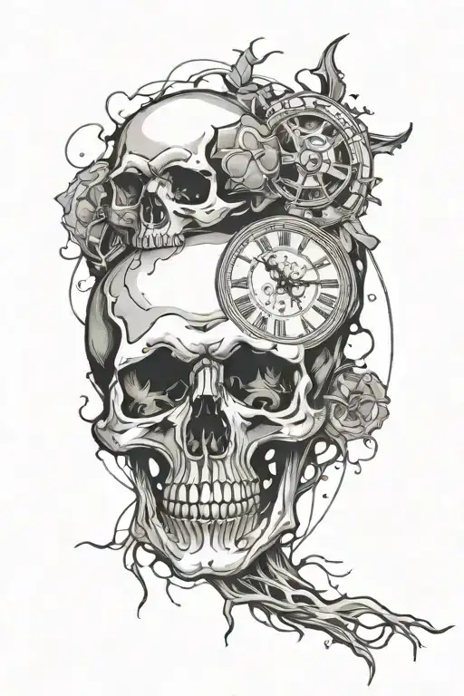 skull and clock melting tattoo design idea