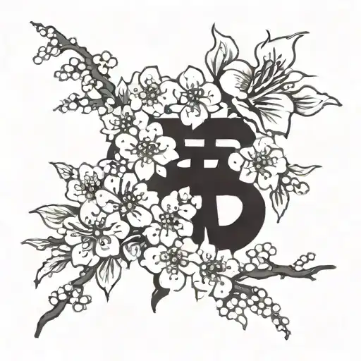 Cherry blossoms intertwined with traditional Japanese kanji characters representing 'strength' and 'intelligence' tattoo design idea
