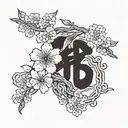 Cherry blossoms intertwined with traditional Japanese kanji characters representing 'strength' and 'intelligence' tattoo design idea