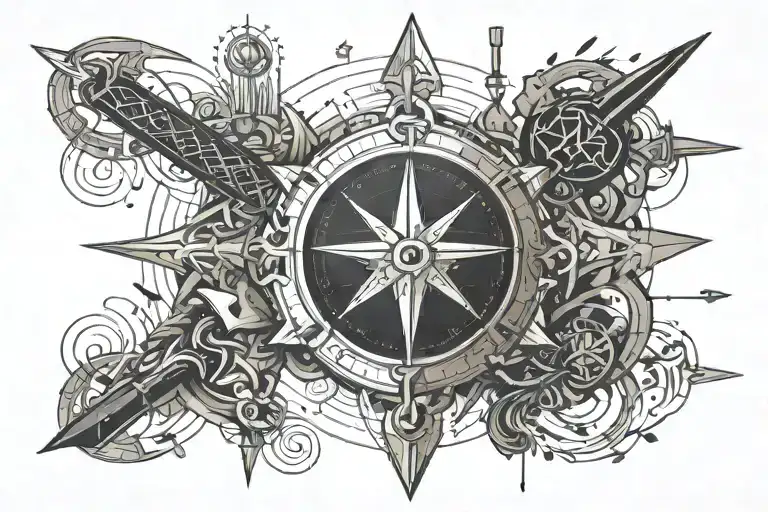 In the center a Sword with tip through water with reflection. A compass. A anatomical heart. tattoo design idea