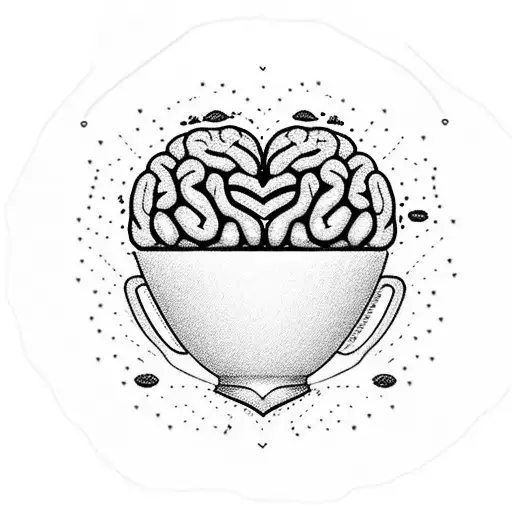 Coffee cup, but half of cup resembles a brain and the other half a heart tattoo design idea