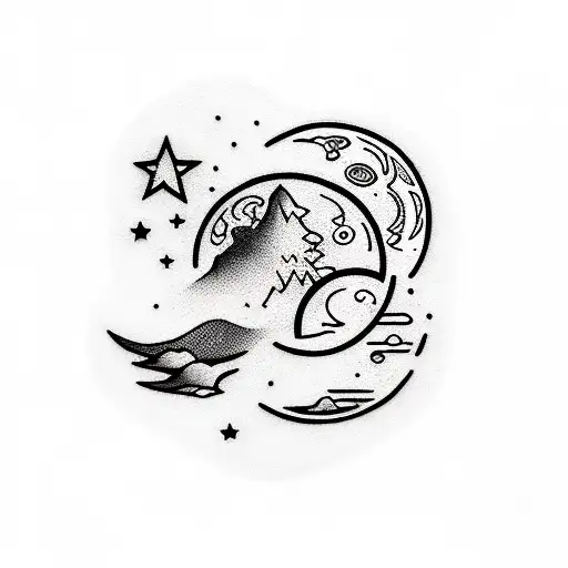 A blackwork tattoo of a silent moonlit night, with Король и Шут lyrics forming the stars tattoo design idea