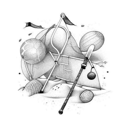 Abstract beach art with sports equipment hidden within the design tattoo design idea