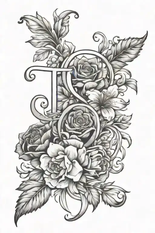 flower bouquet of birth flowers, January, June, July and September with the initials c, p, e, h at the bottom like a bow tattoo design idea