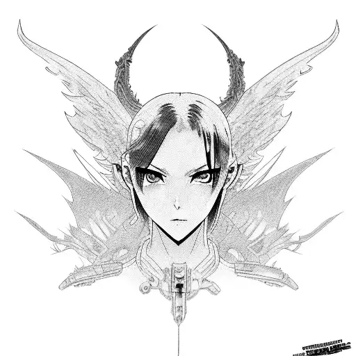A cyberpunk-inspired anime girl with demon wings tattoo design idea