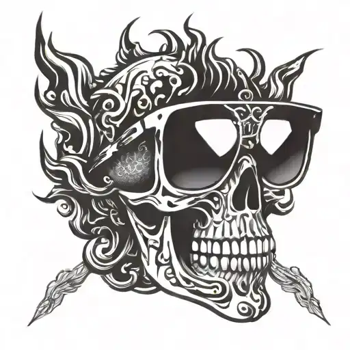 A skull wearing sunglasses surrounded by flames tattoo design idea