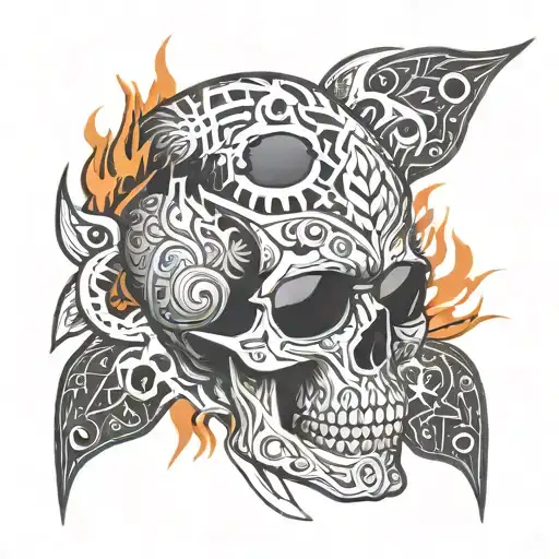 Skull, death, flames, sunglasses tattoo design idea