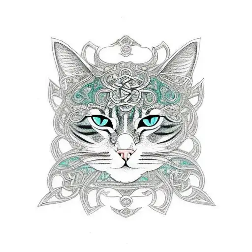 A cat adorned with intricate Celtic patterns, symbolizing the guardian of ancient knowledge tattoo design idea