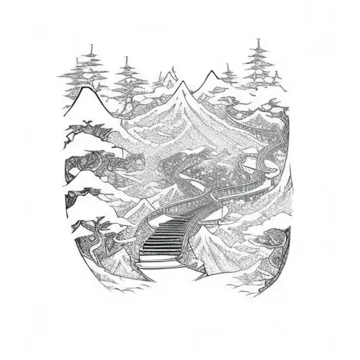 A hiking trail winding through a dense forest, with magical creatures peeking out from the trees tattoo design idea