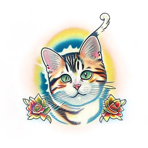 calico tabby cat with yellow halo background tattoo design idea