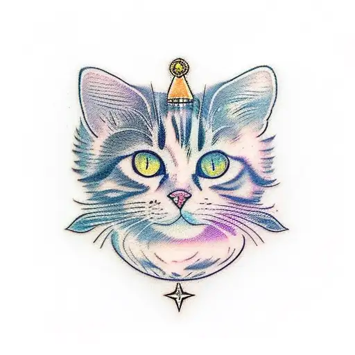 calico tabby cat with yellow halo behind her tattoo design idea