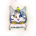 calico tabby cat with yellow halp behind her tattoo design idea