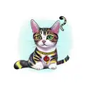 calico tabby cat with yellow halp behind her tattoo design idea