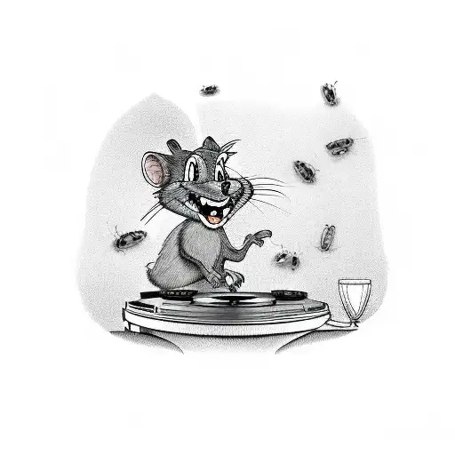 A Tasmanian devil DJ spinning records with a crowd of bugs bunny fans tattoo design idea