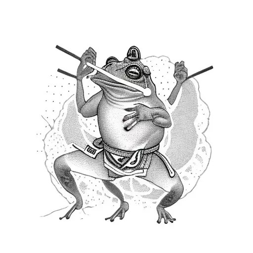 mono black, frog, standing on two legs, wide karate stance, combat kimono pants  tattoo design idea