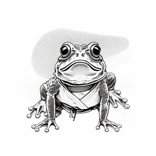 mono black, frog, standing on two legs, wide karate stance, combat kimono pants  tattoo design idea