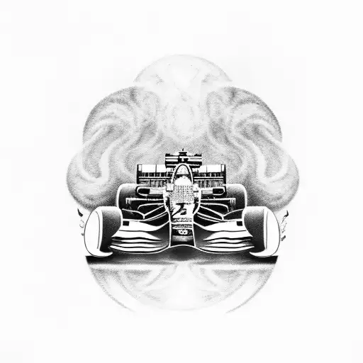 Design a tattoo of a Formula 1 car with music notes forming the smoke from the tires tattoo design idea