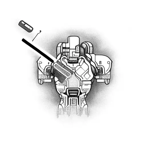 Soldier with a futuristic cybernetic arm holding a smartphone tattoo design idea