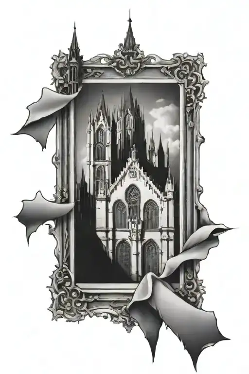 gothic architechture with large windows with a frame pointy buildings  tattoo design idea