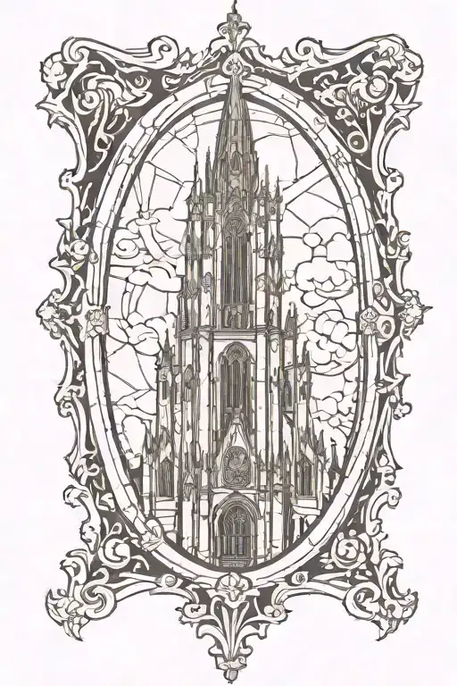 gothic cathedral tower inside of frame tattoo design idea