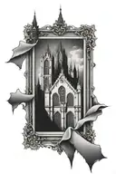 gothic architechture with large windows with a frame pointy buildings  tattoo design idea