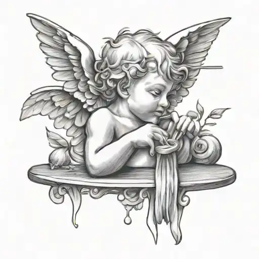 cherub hold a straw to its nose sniffing powder off of a table through the straw tattoo design idea