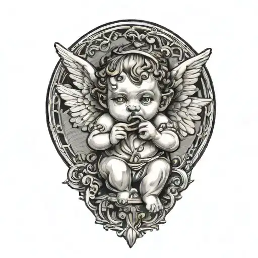 cherub holding a straw up to its nostril with one hand, while the other hand it plugging the other  nostril tattoo design idea