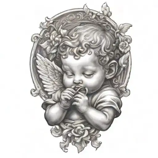 cherub holding a straw up to its nostril with one hand, while the other hand it plugging the other  nostril tattoo design idea