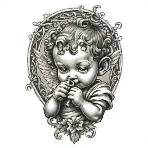 cherub holding a straw up to its nose,  tattoo design idea