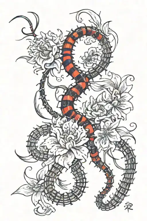red and black centipede with numbers counting down 1000 minus 7 with red spider lilys flower around it  tattoo design idea