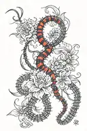 red and black centipede with numbers counting down 1000 minus 7 with red spider lilys flower around it  tattoo design idea