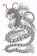 red and black centipede with numbers counting down 1000 minus 7 with red spider lilys flower around it  tattoo design idea
