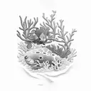 A mesmerizing underwater scene with colorful coral reefs and tropical fish tattoo design idea