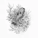 A mesmerizing underwater scene with colorful coral reefs and tropical fish tattoo design idea