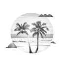 A stunning sun setting over a serene beach with palm trees and gentle waves tattoo design idea