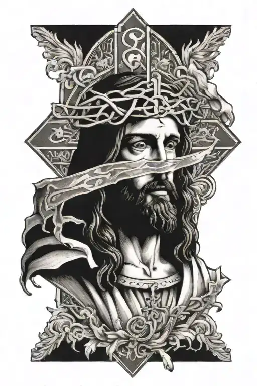 jesus looking at cross inside rolled old paper tattoo design idea