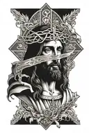jesus looking at cross inside rolled old paper tattoo design idea