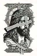 jesus looking at cross inside rolled old paper tattoo design idea