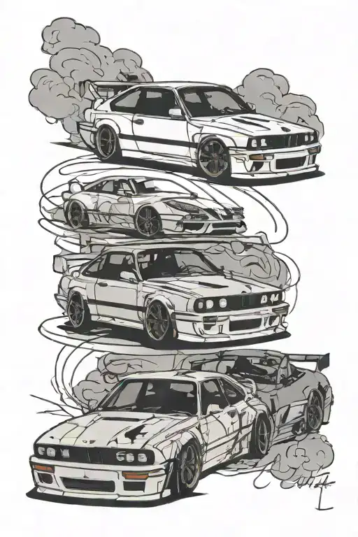 BMW E30 y Porshe GT3 RS, no fire, no wings, simple tattoo design, for 2 brothers tattoo design idea