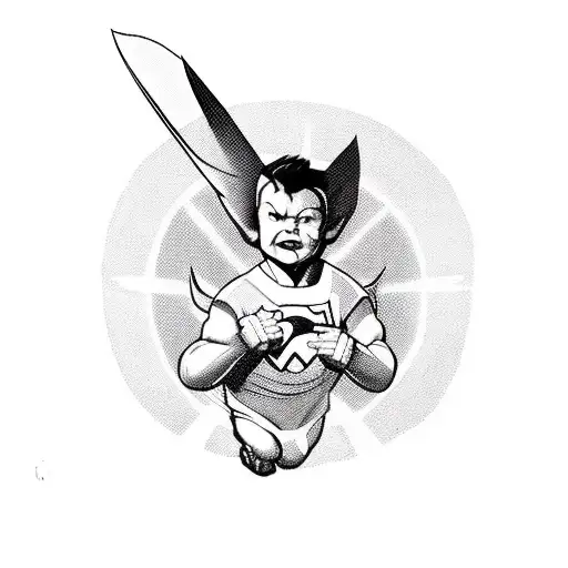 Wolverine as a baby, riding Superman's spaceship. Flying towards earth. Wolverine is inside the spaceship. tattoo design idea