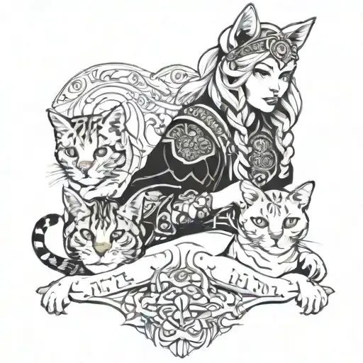 freya viking with two cats tattoo design idea