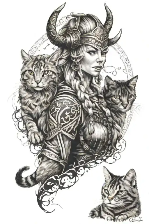 freya viking with two cats tattoo design idea