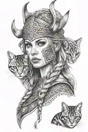 freya viking with two cats tattoo design idea