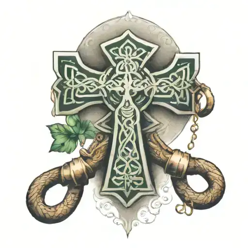 A Celtic cross with boxing gloves hanging from it and a leprechaun peeking out tattoo design idea