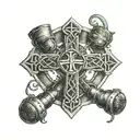 A Celtic cross with boxing gloves hanging from it and a leprechaun peeking out tattoo design idea
