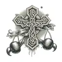 A Celtic cross with boxing gloves hanging from it and a leprechaun peeking out tattoo design idea
