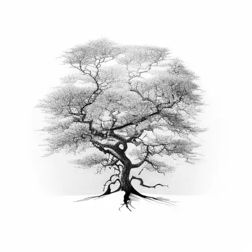 Landscape of sea and sky with a dry tree without leaves, robust and with roots that reach almost to the wrist of the han tattoo design idea