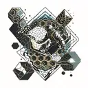 River in space, wakeboarder, endless honeycombs. tattoo design idea