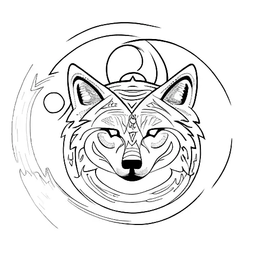 A minimalist tattoo of a yin yang symbol with a wolf and a tree inside, representing the harmony between nature and life balance. tattoo design idea
